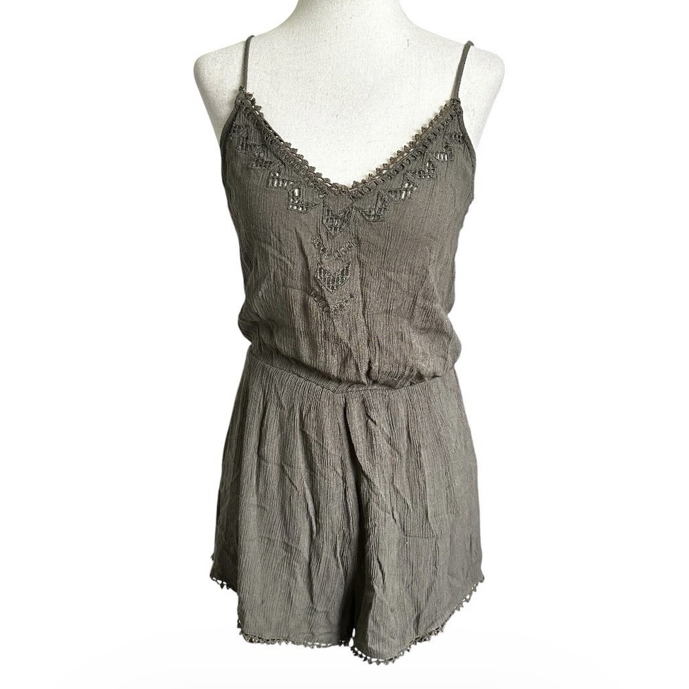 Lush Romper Women Small Green Lined Bohemian Adjustable Strap Embroidered | 46-9